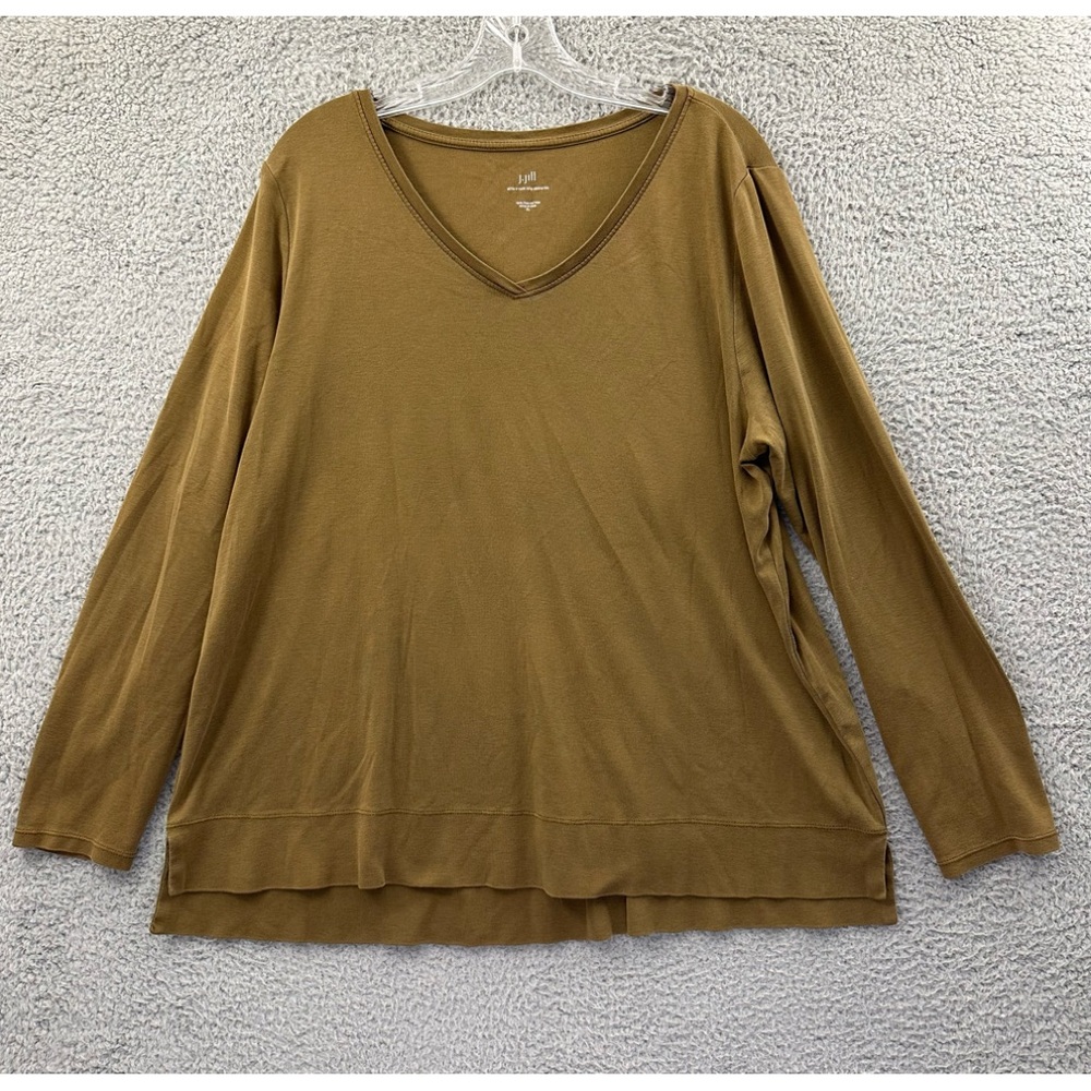 J. Jill Pima V Neck Long Sleeve Tee Olive Brown 100% Pima Cotton Minimalist W XL